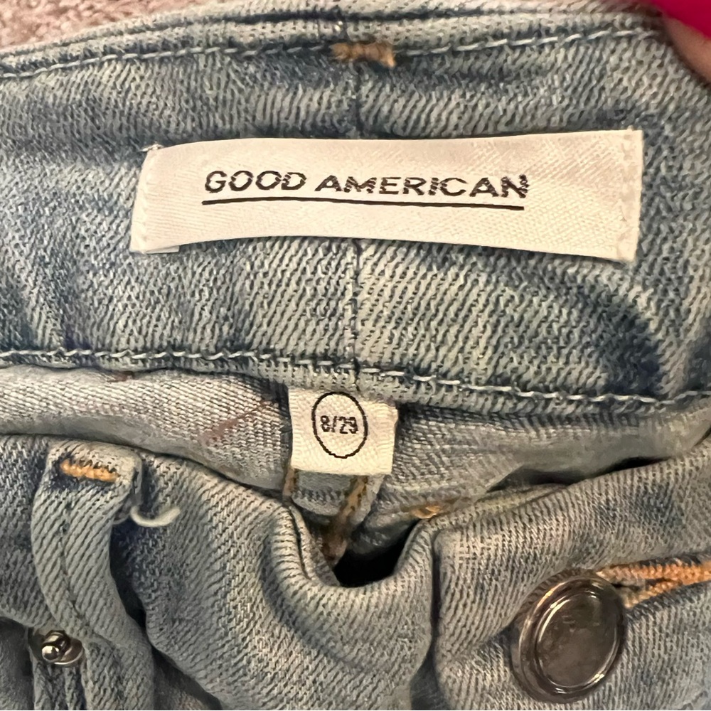 Good American distressed long light wash shorts, size 8/29